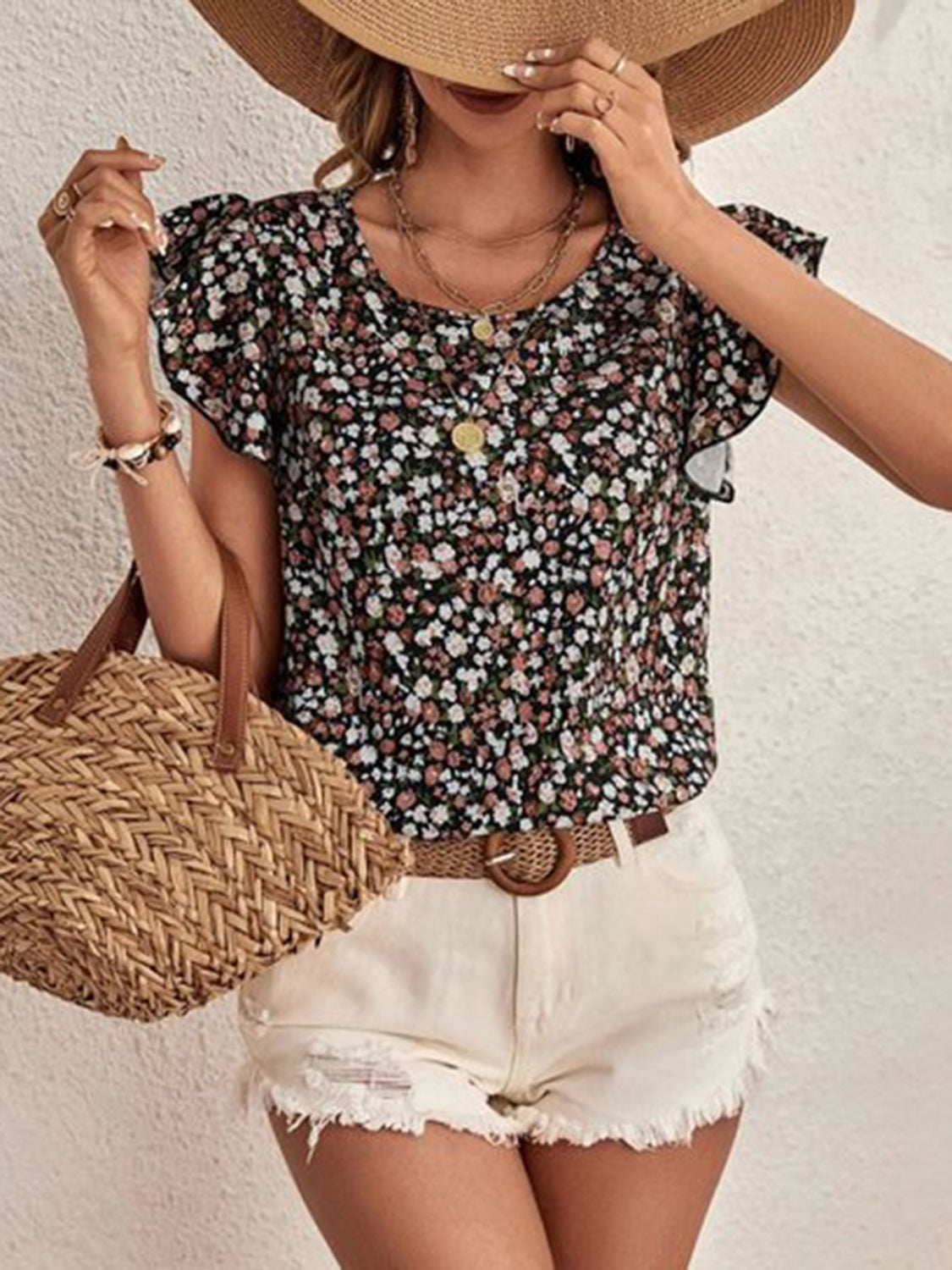 Ditsy Floral Round Neck Cap Sleeve Top - The Goddess Galleries