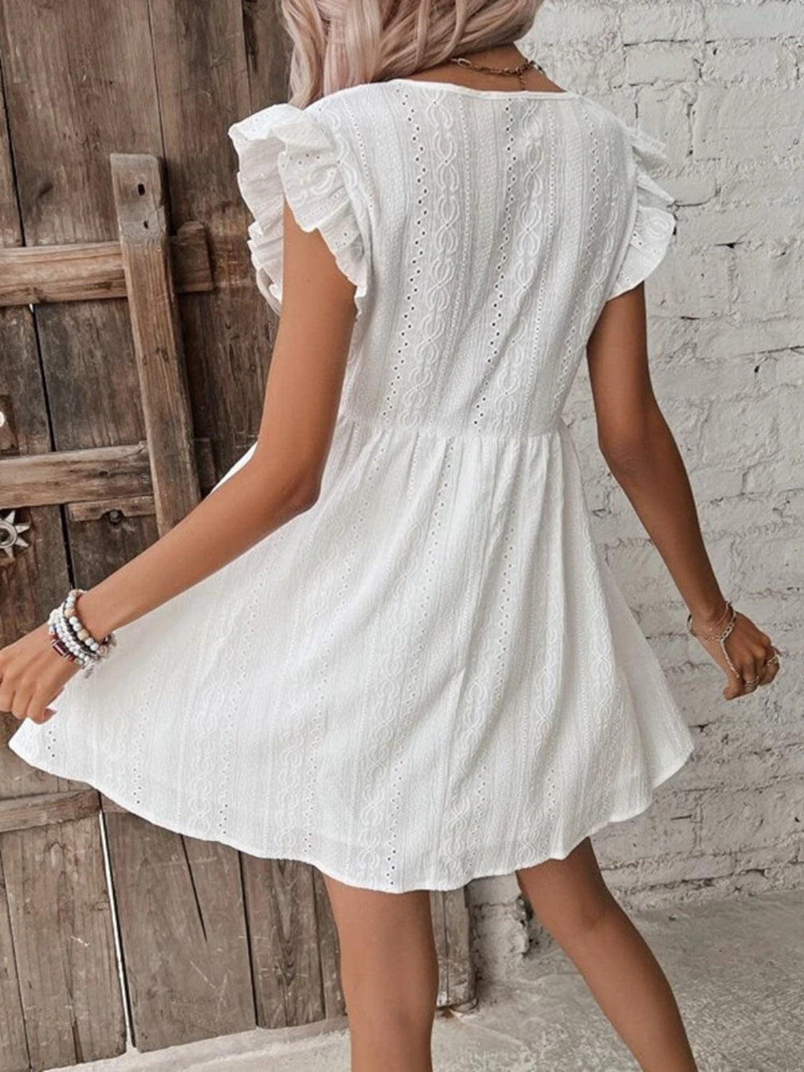 Eyelet Ruffled Cap Sleeve Mini Dress - The Goddess Galleries