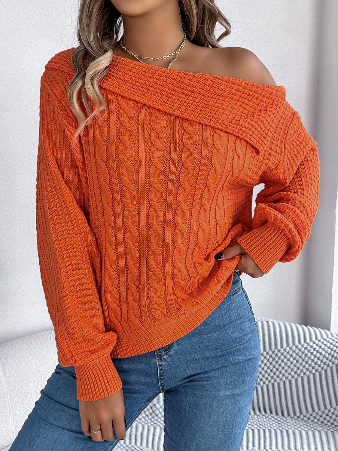 Cable-Knit One Shoulder Long Sleeve Sweater - The Goddess Galleries