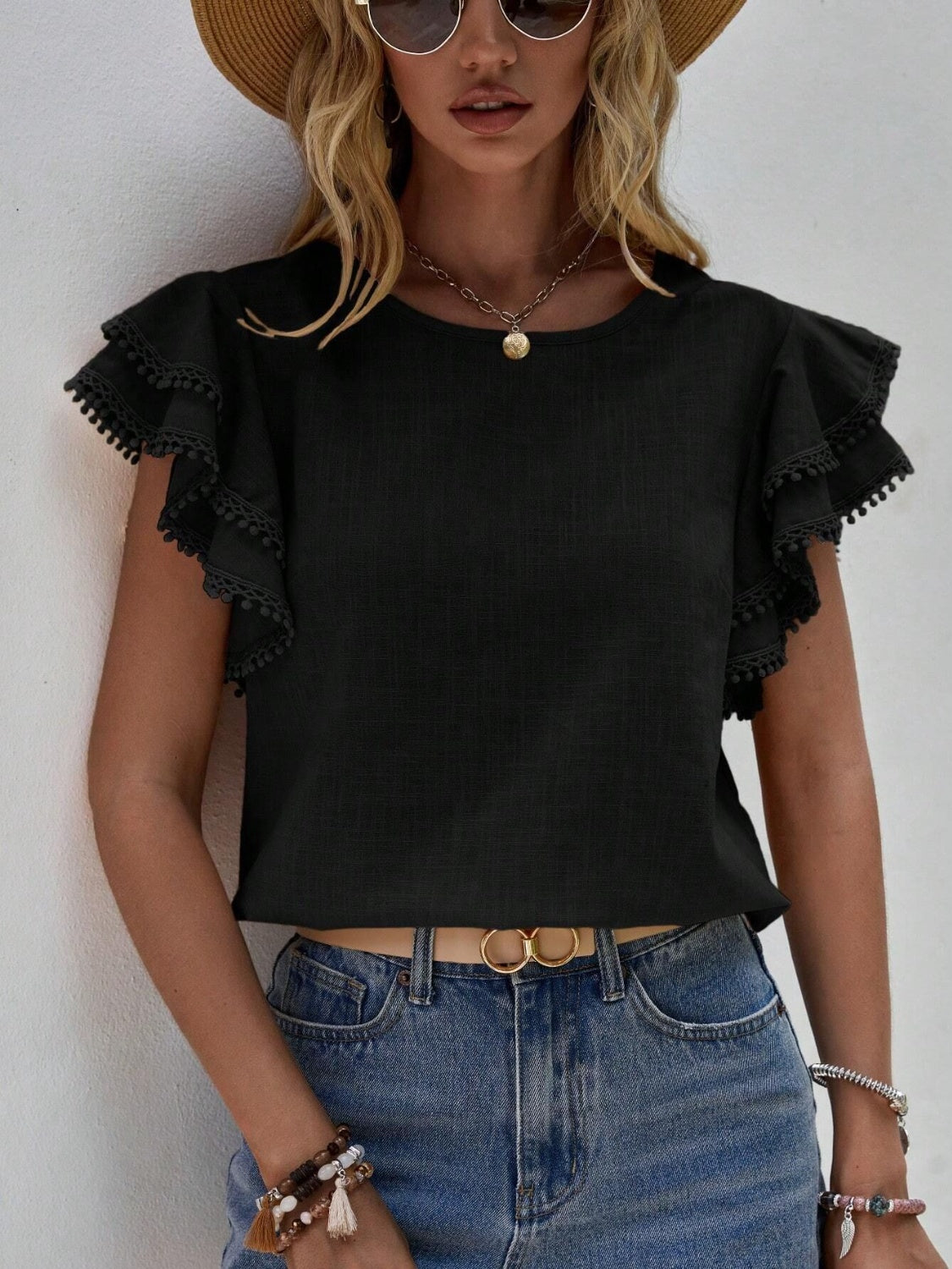 Ruffled Cap Sleeve Round Neck Blouse - The Goddess Galleries