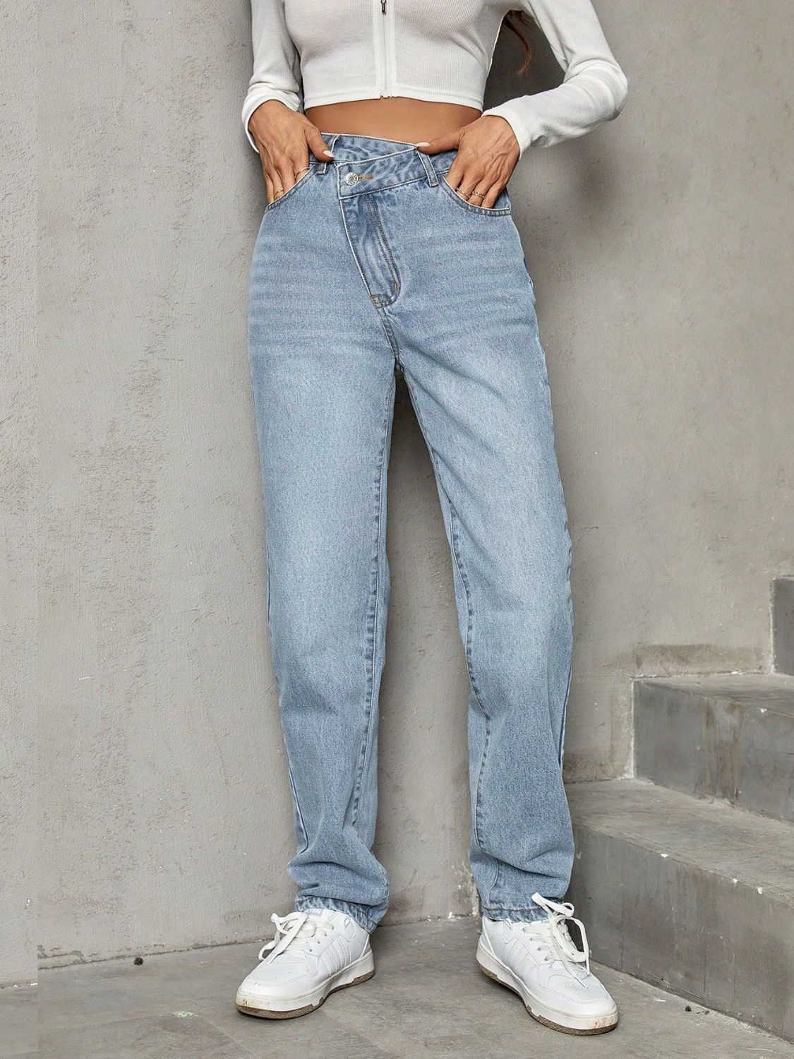 Asymmetric Waist Jeans with Pockets - The Goddess Galleries