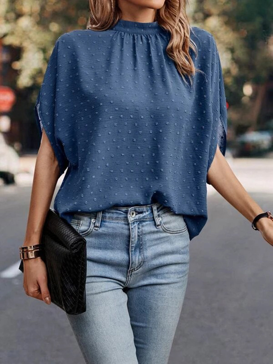 Swiss Dot Mock Neck Half Sleeve Blouse - The Goddess Galleries