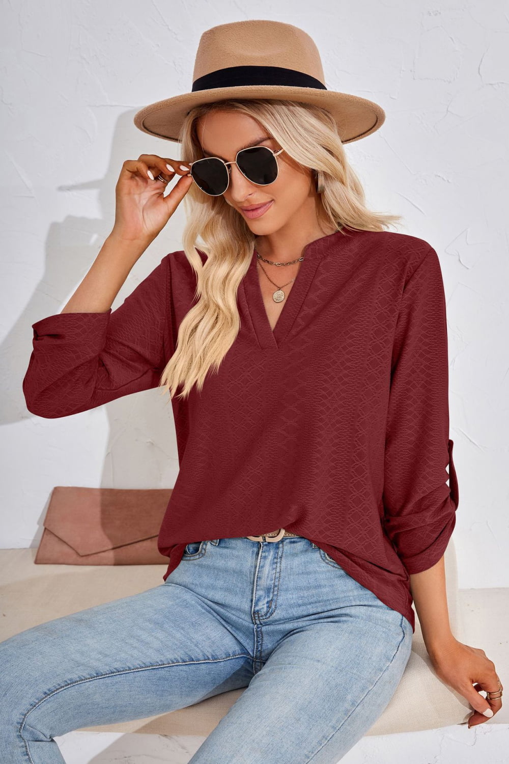 V-Neck Roll-Tap Sleeve Blouse - The Goddess Galleries