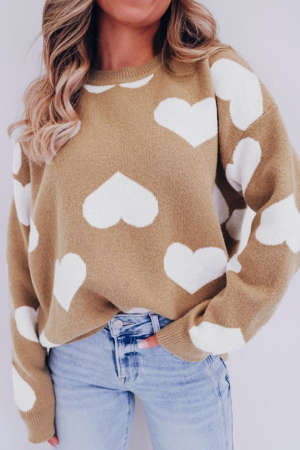 Heart Round Neck Long Sleeve Sweater - The Goddess Galleries