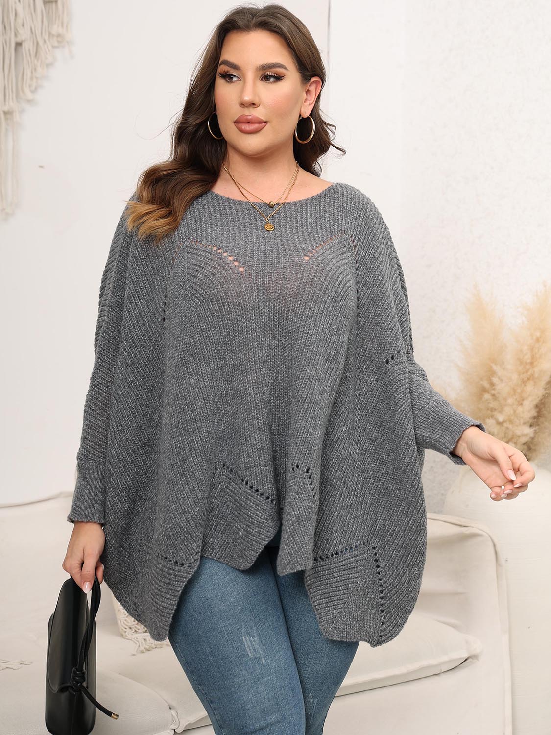 Plus Size Round Neck Batwing Sleeve Sweater - The Goddess Galleries