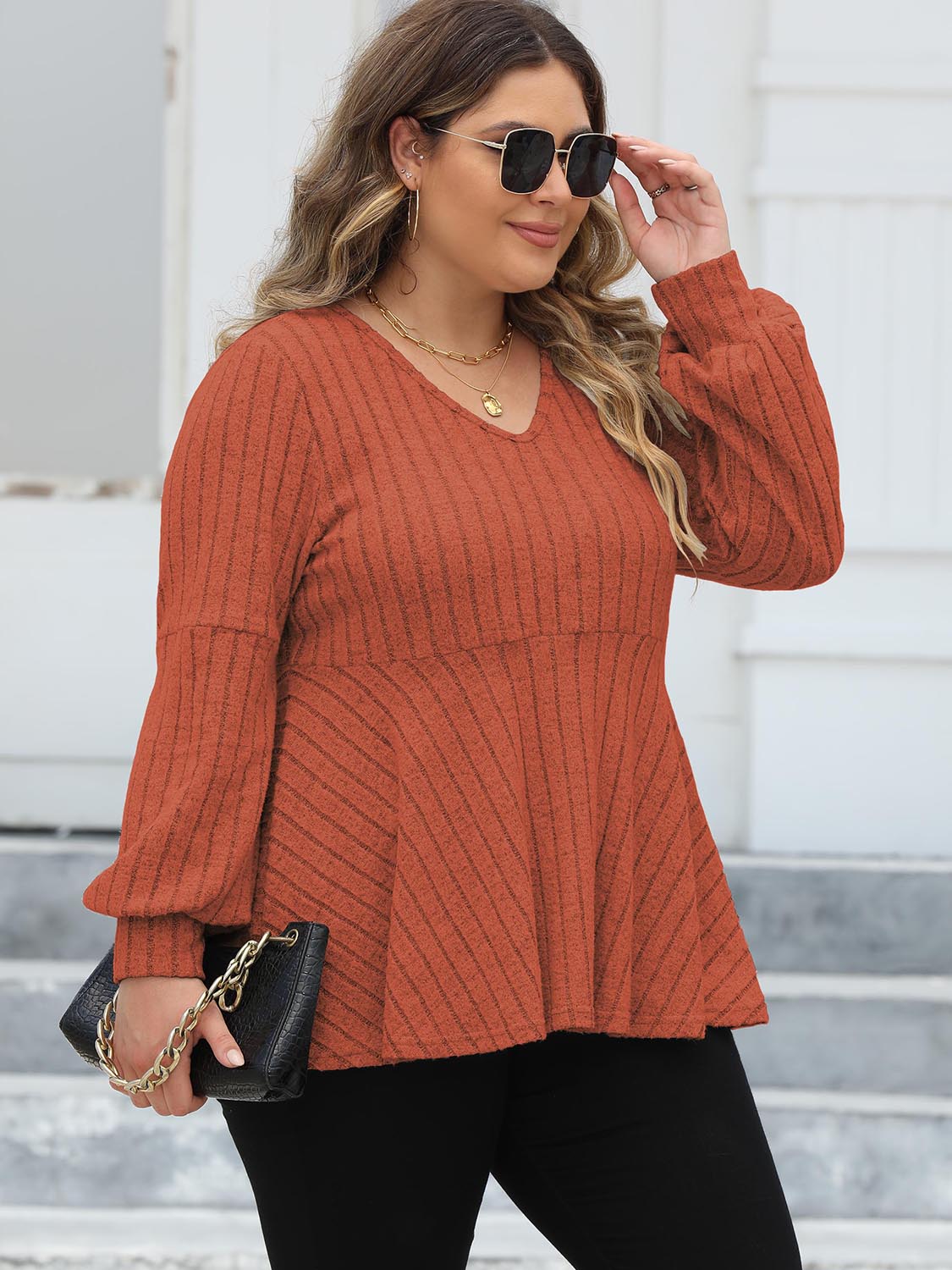 Plus Size Ribbed V-Neck Long Sleeve Blouse - The Goddess Galleries