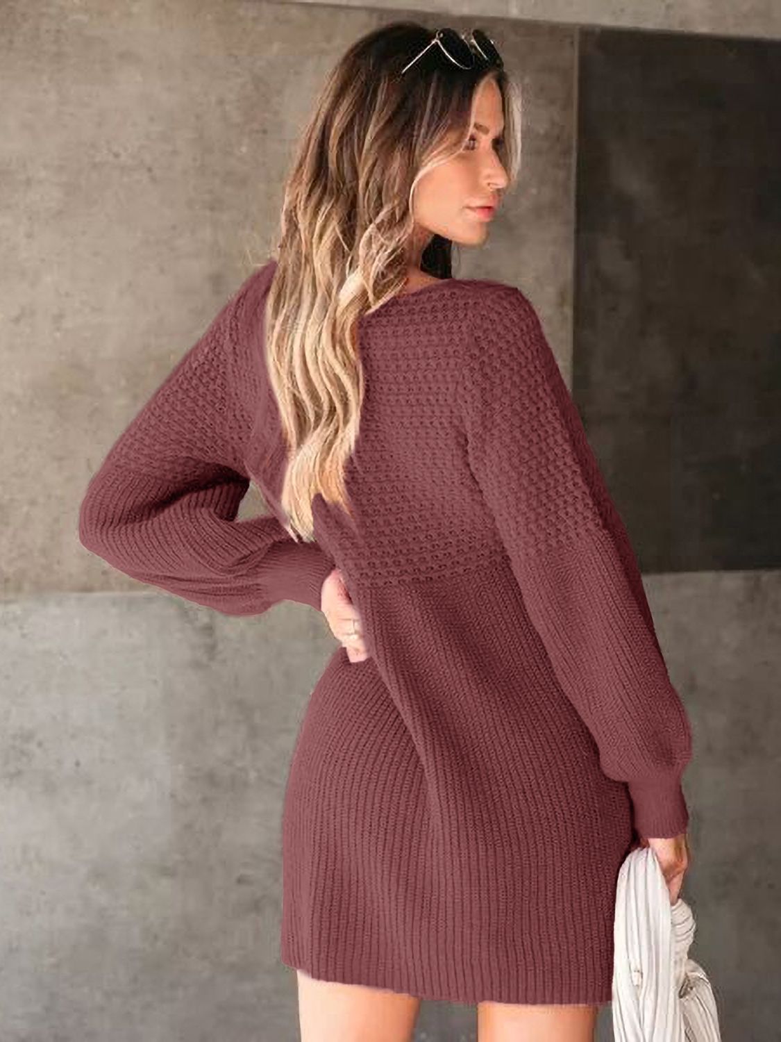Perfee V-Neck Long Sleeve Sweater Dress - The Goddess Galleries