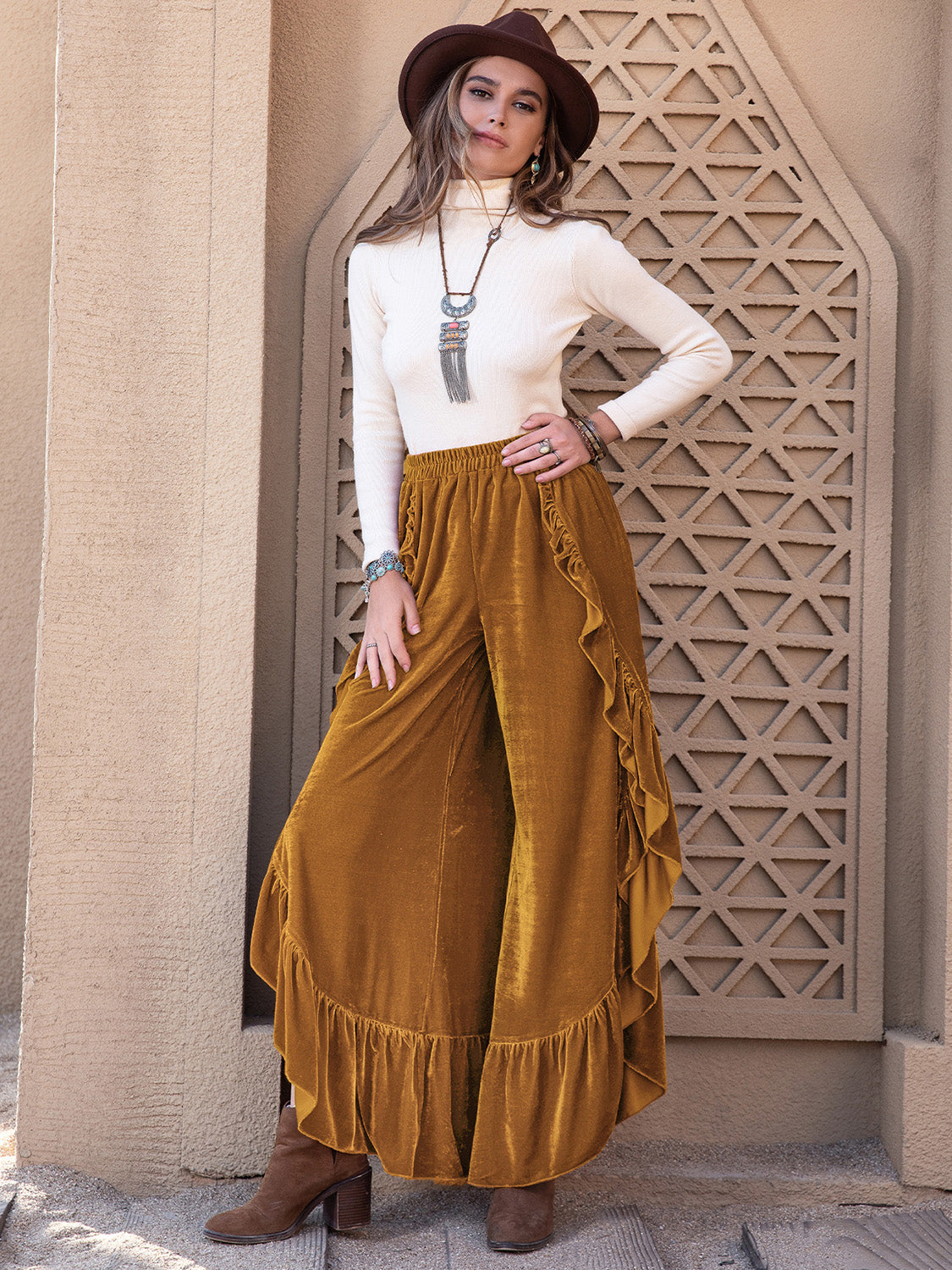 Slit Ruffled Wide Leg Pants - The Goddess Galleries