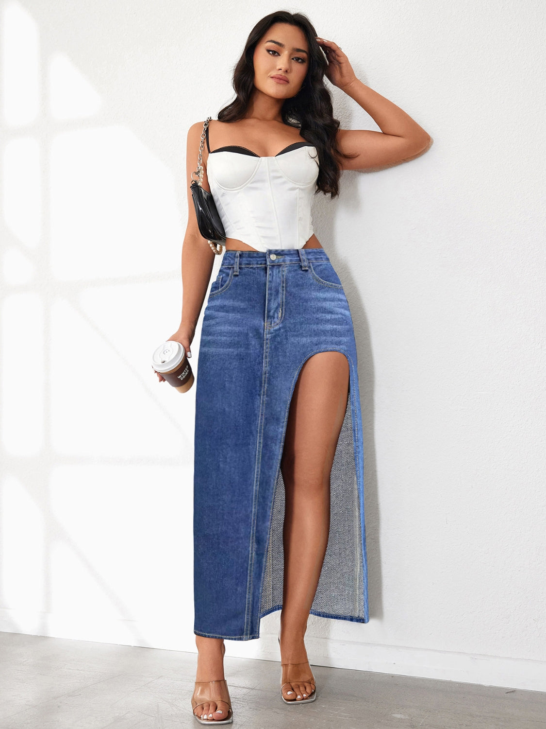 High Rise Slit Denim Skirt - The Goddess Galleries