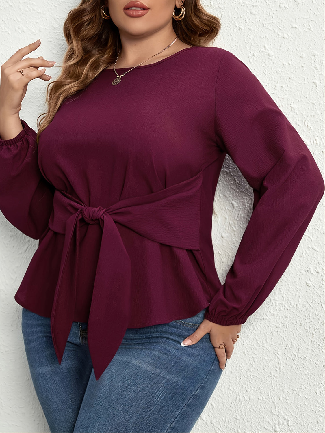 Plus Size Tie Front Long Sleeve Blouse - The Goddess Galleries