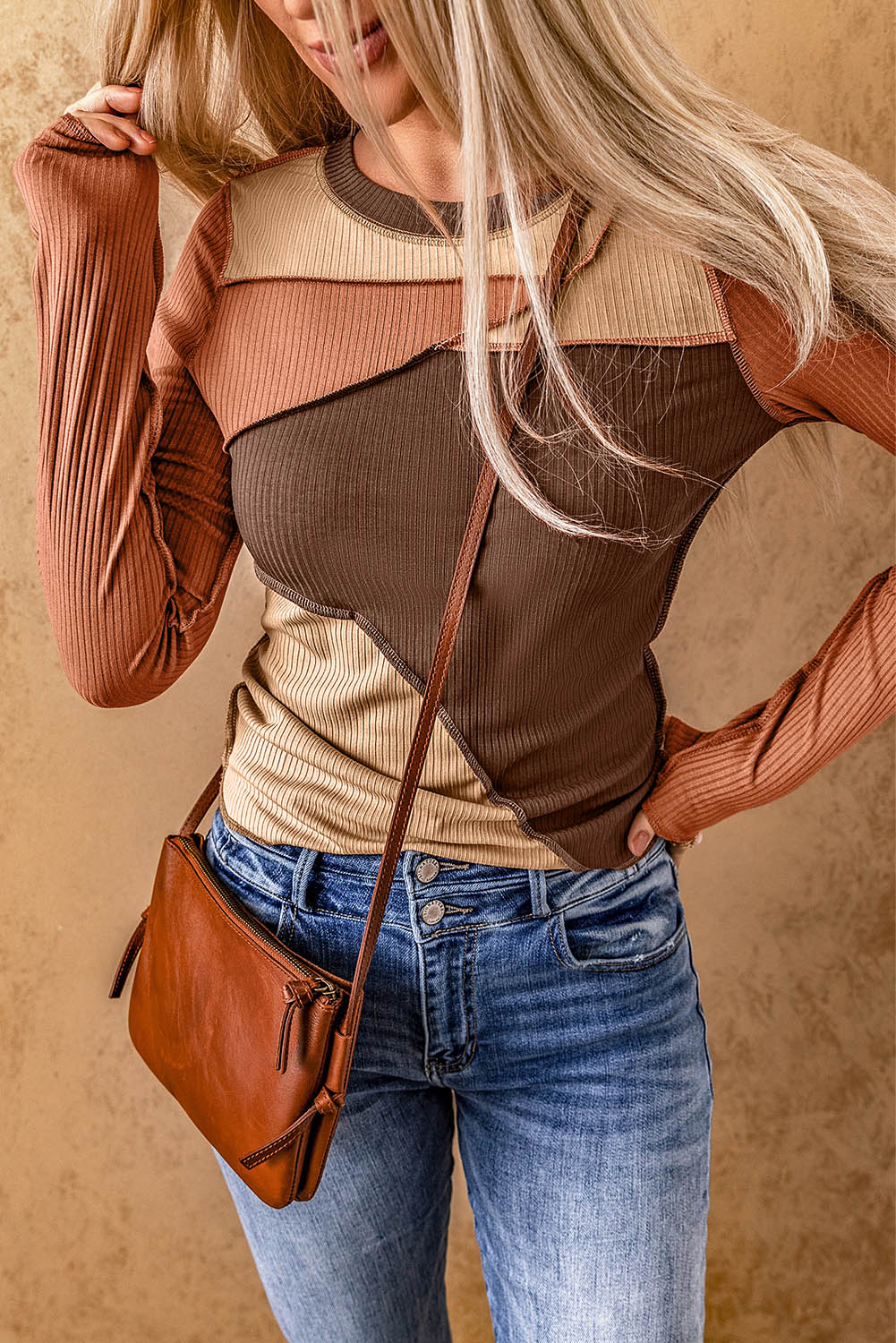 Exposed Seam Contrast Round Neck Long Sleeve T-Shirt - The Goddess Galleries