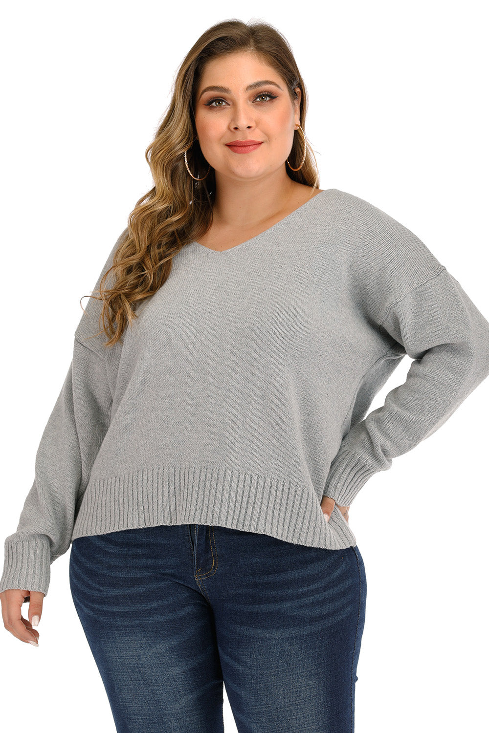 Plus Size V Neck Pullover Sweater - The Goddess Galleries