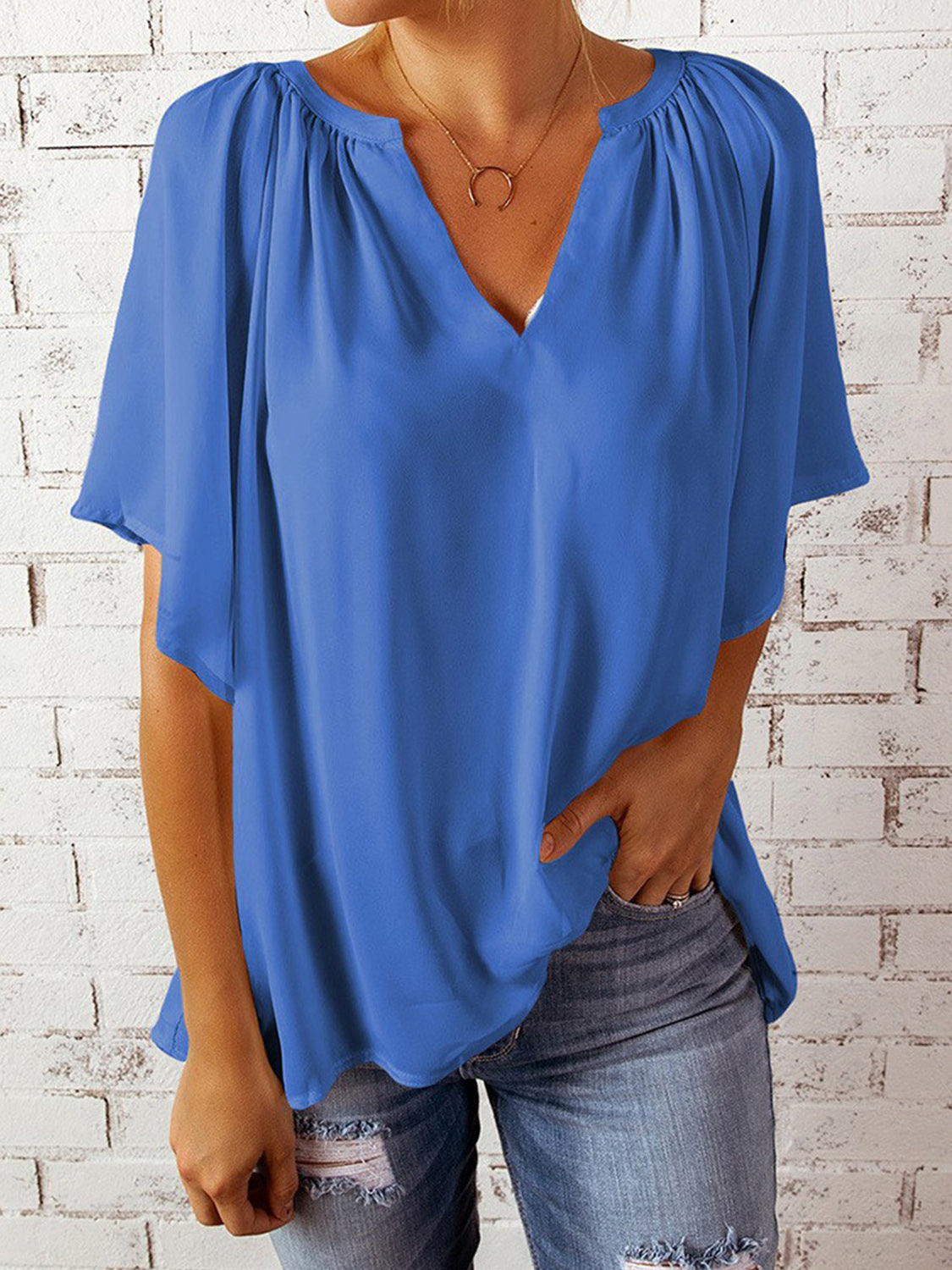 Ruched Notched Half Sleeve Blouse - The Goddess Galleries
