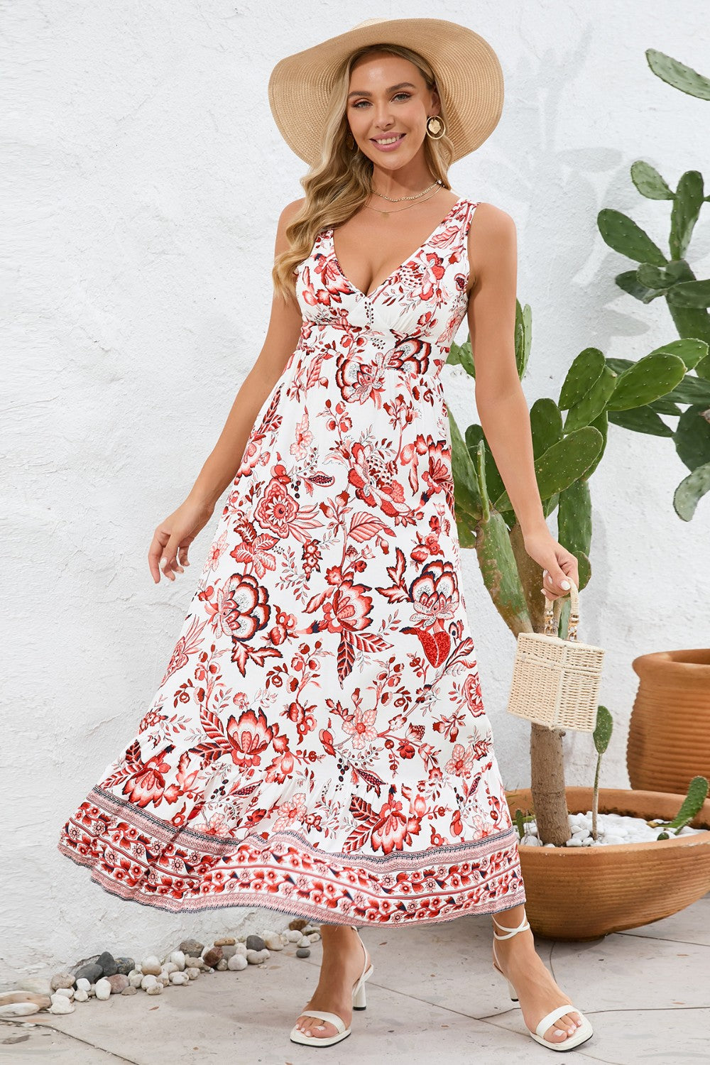 Printed V-Neck Wide Strap Dress - The Goddess Galleries