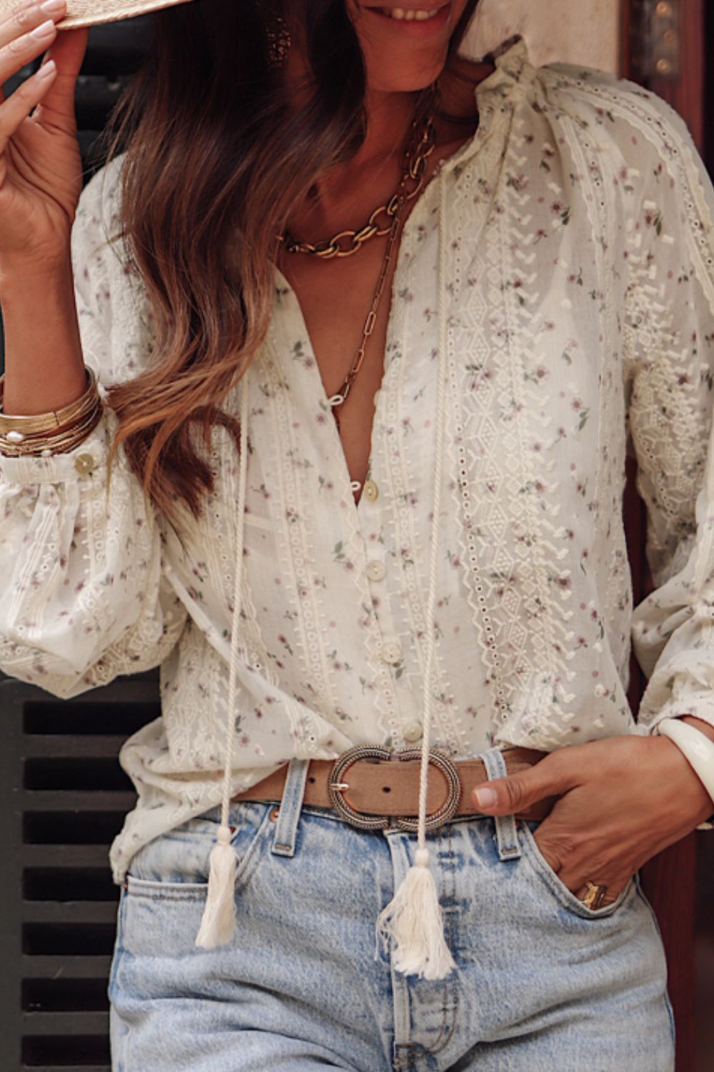 Frill Lace Detail Printed Tie Neck Long Sleeve Blouse - The Goddess Galleries
