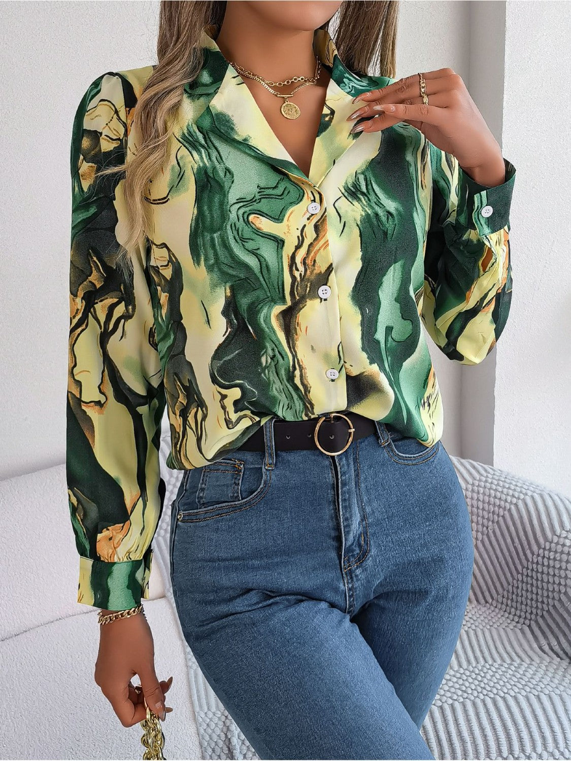 Printed Button Up Long Sleeve Shirt - The Goddess Galleries