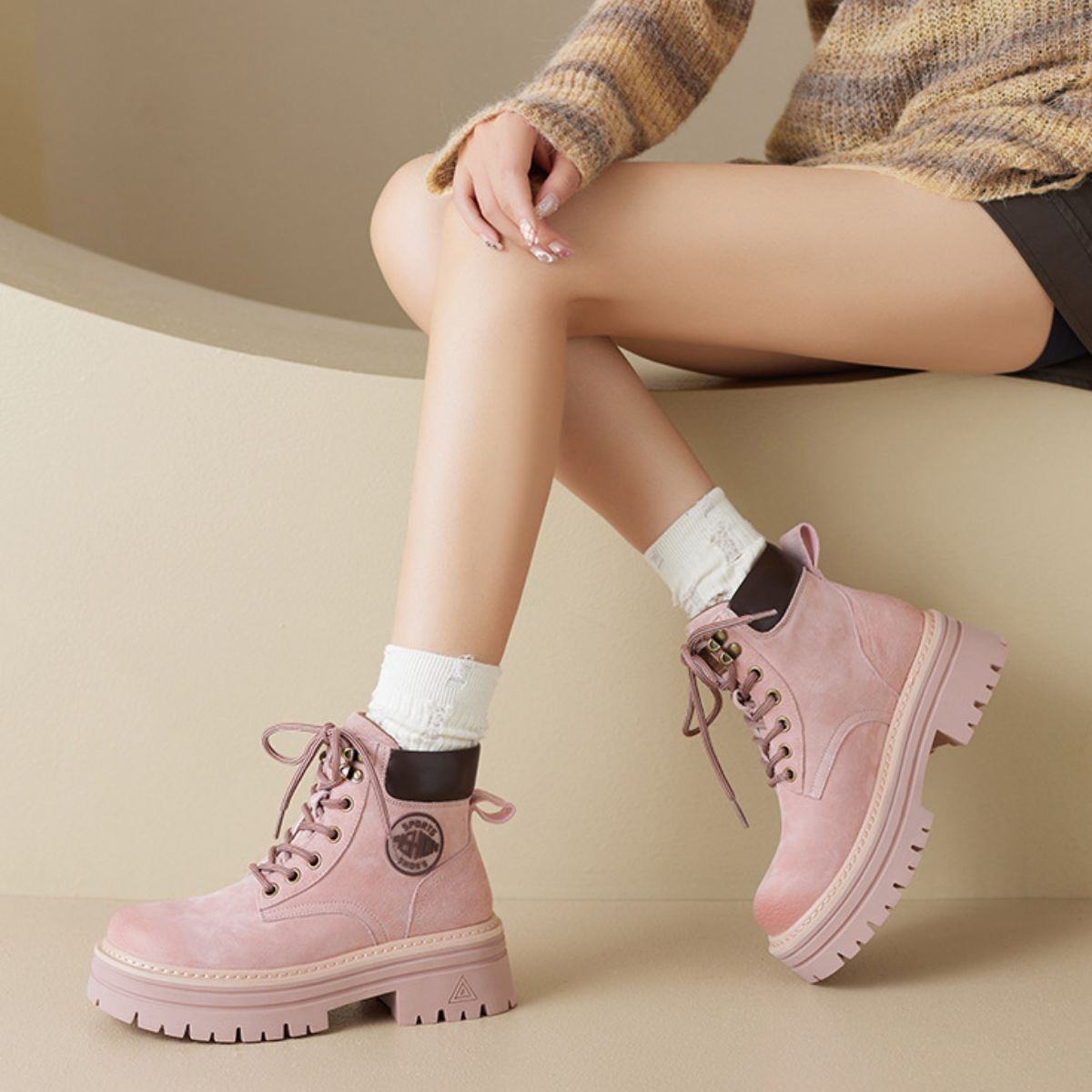 Round Toe Platform Lace Up Boots - The Goddess Galleries
