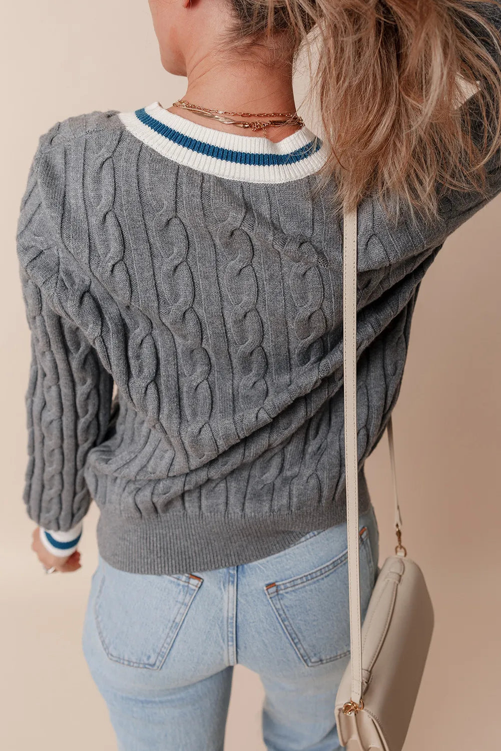 Cable-Knit V-Neck Long Sleeve Sweater - The Goddess Galleries