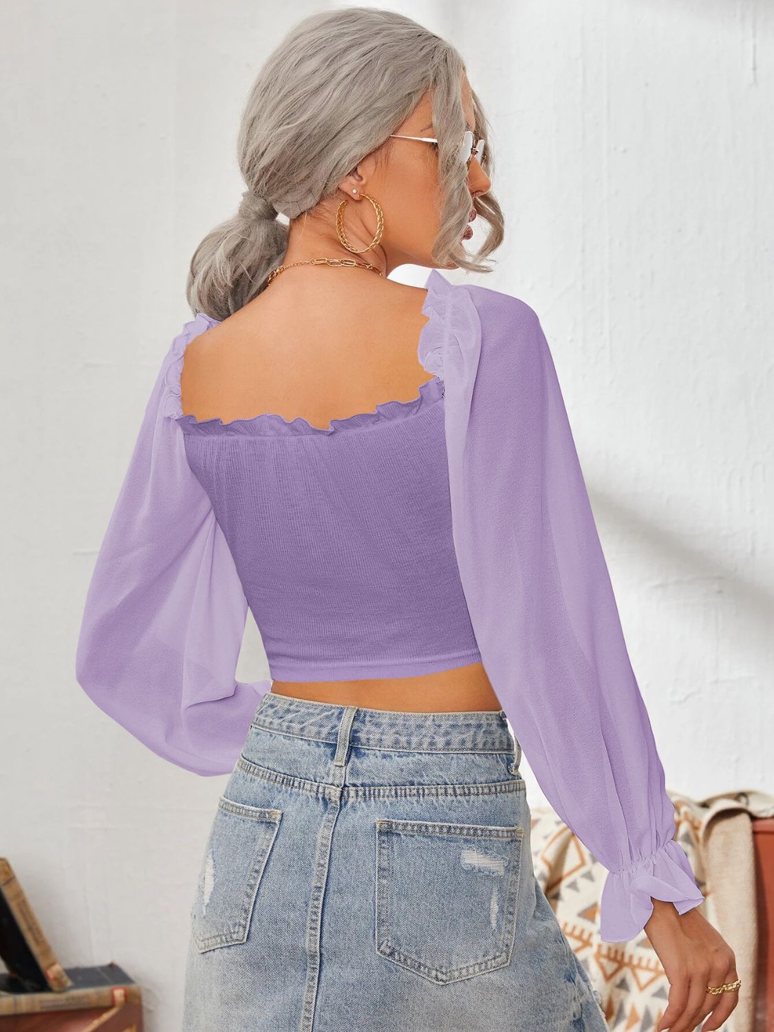 Mesh Sweetheart Neck Flounce Sleeve Top - The Goddess Galleries