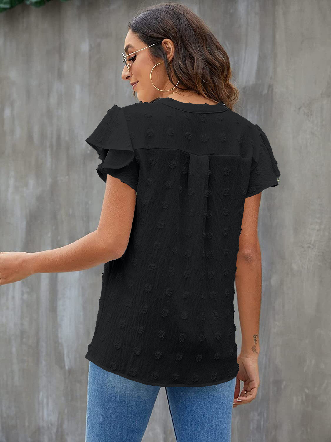 Swiss Dot Notched Flutter Sleeve Blouse - The Goddess Galleries