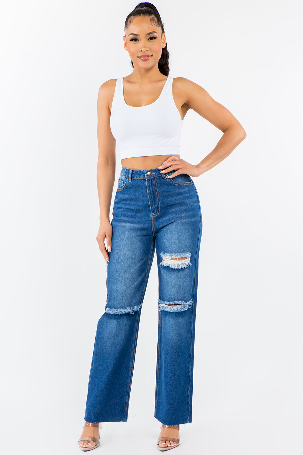 American Bazi High Waist Distressed Wide Leg Jeans - The Goddess Galleries