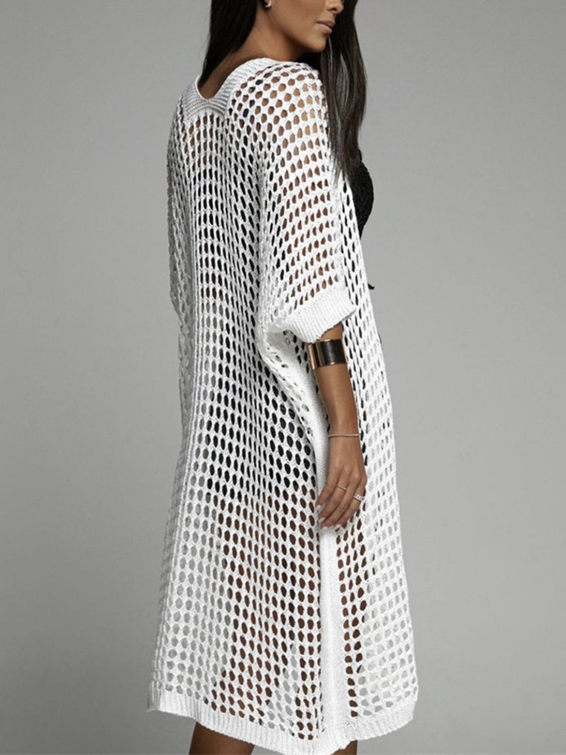 Openwork Open Front Three-Quarter Sleeve Cover Up - The Goddess Galleries