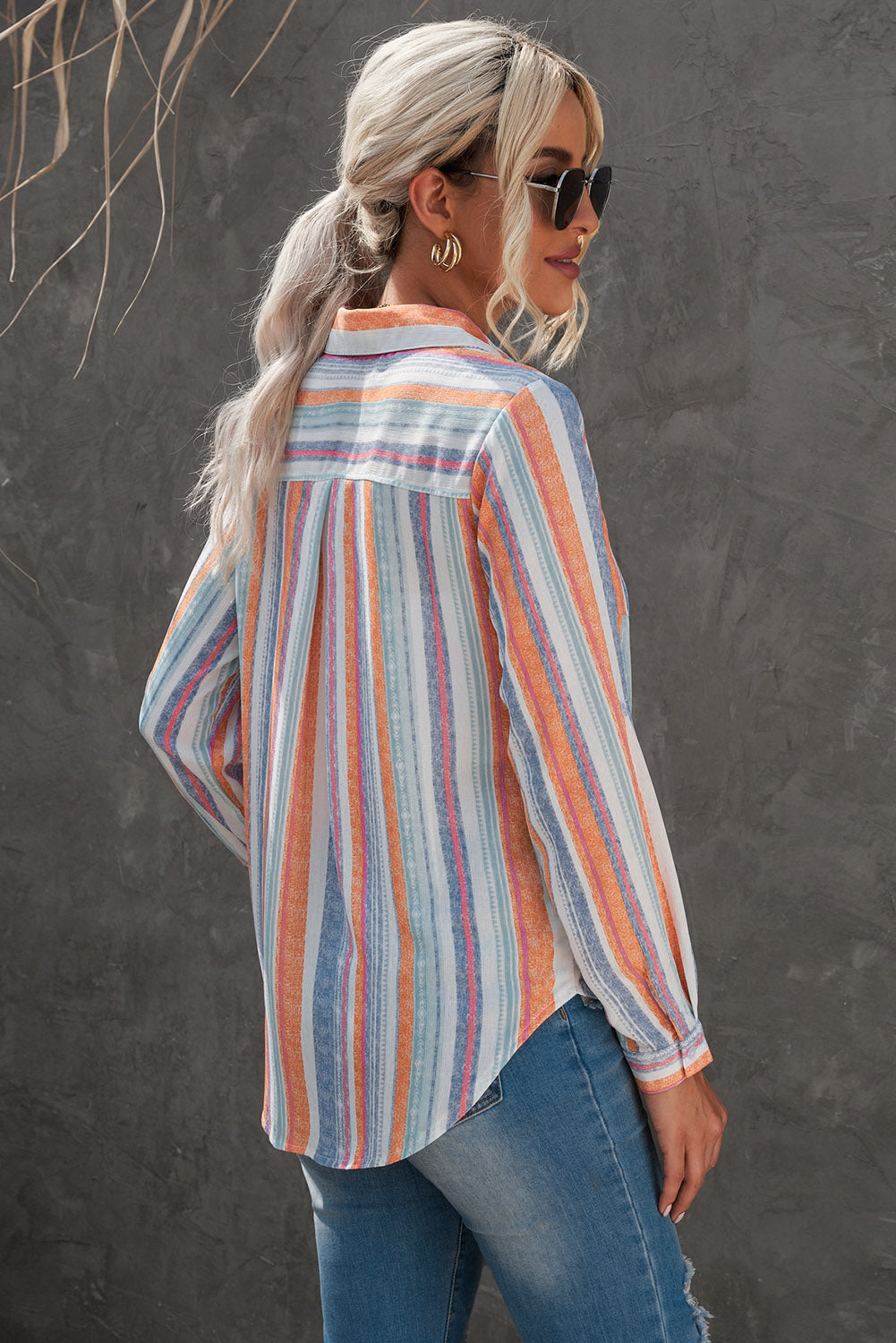 Striped Button-Up Curved Hem Shirt with Breast Pocket - The Goddess Galleries