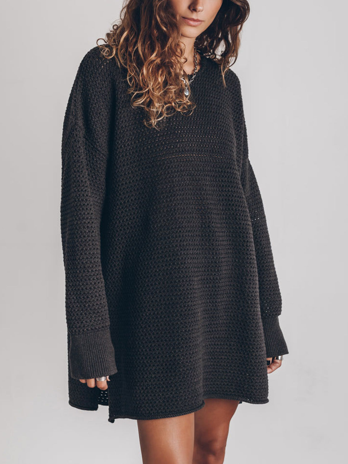 Openwork Round Neck Long Sleeve Slit Sweater - The Goddess Galleries