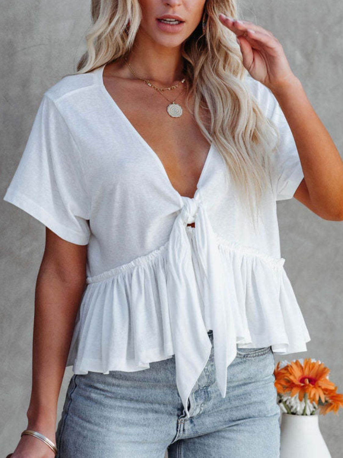 Tied Plunge Short Sleeve Blouse - The Goddess Galleries