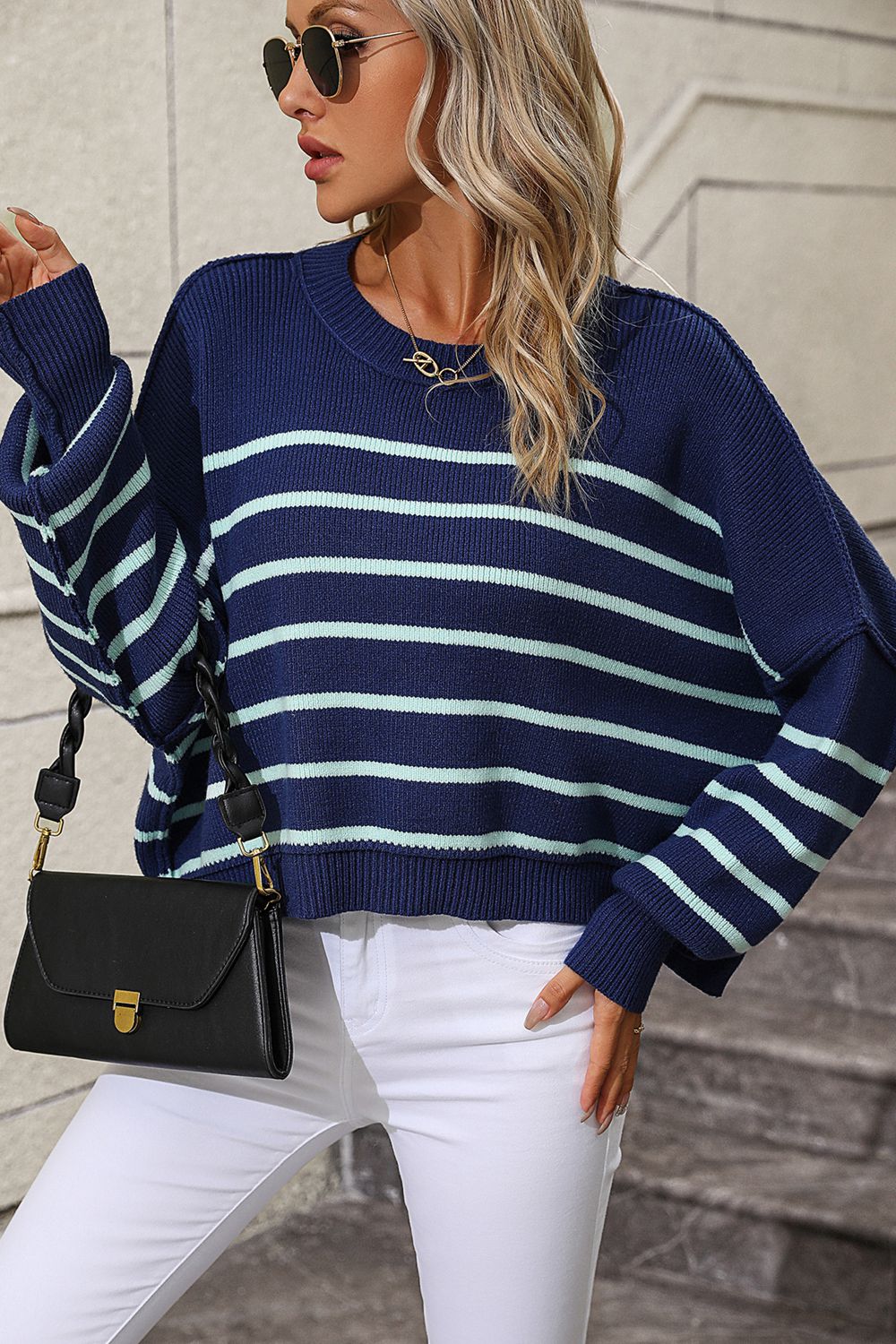 Striped Dropped Shoulder Round Neck Pullover Sweater - The Goddess Galleries