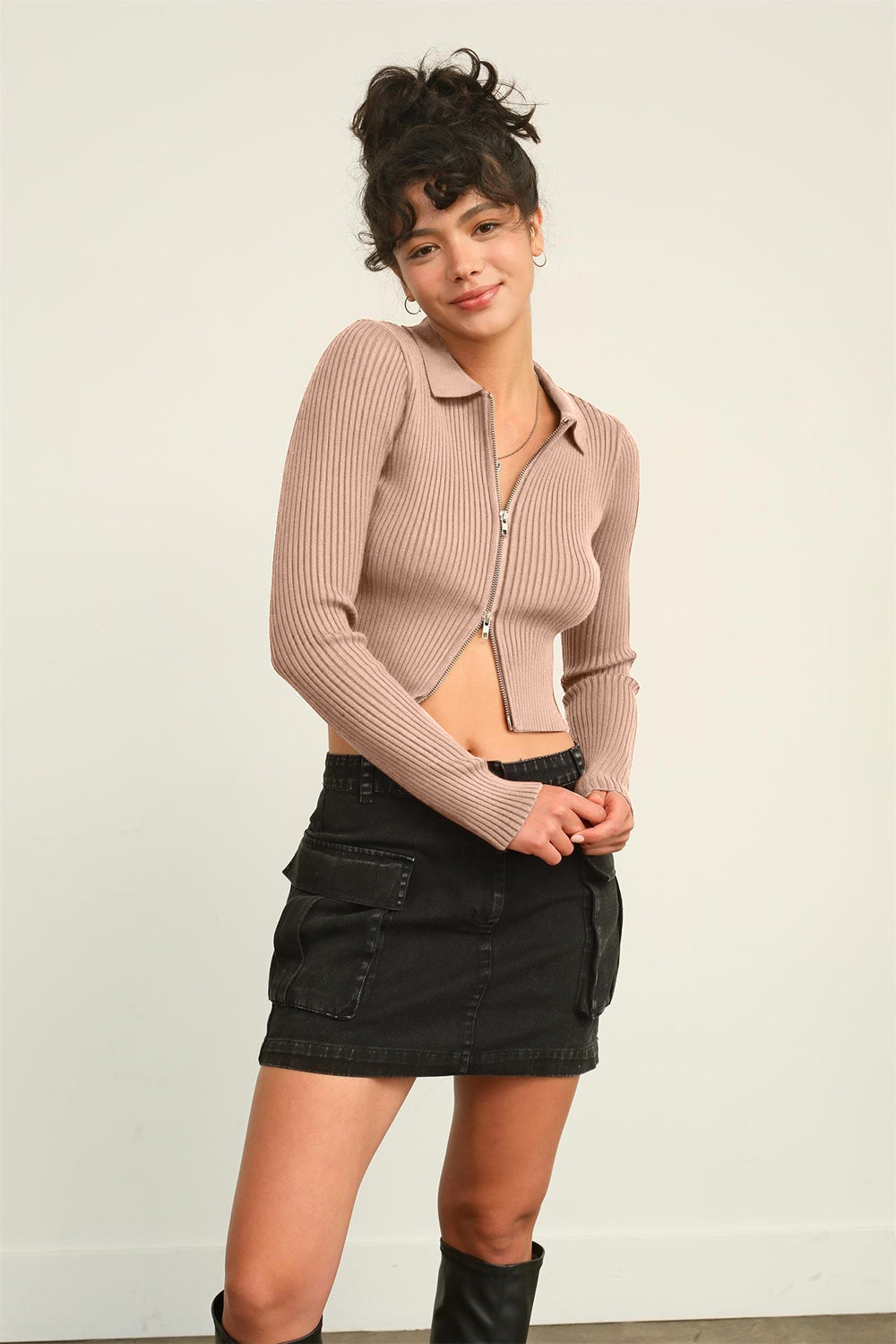 HYFVE Ribbed Double Zip Cropped Cardigan - The Goddess Galleries