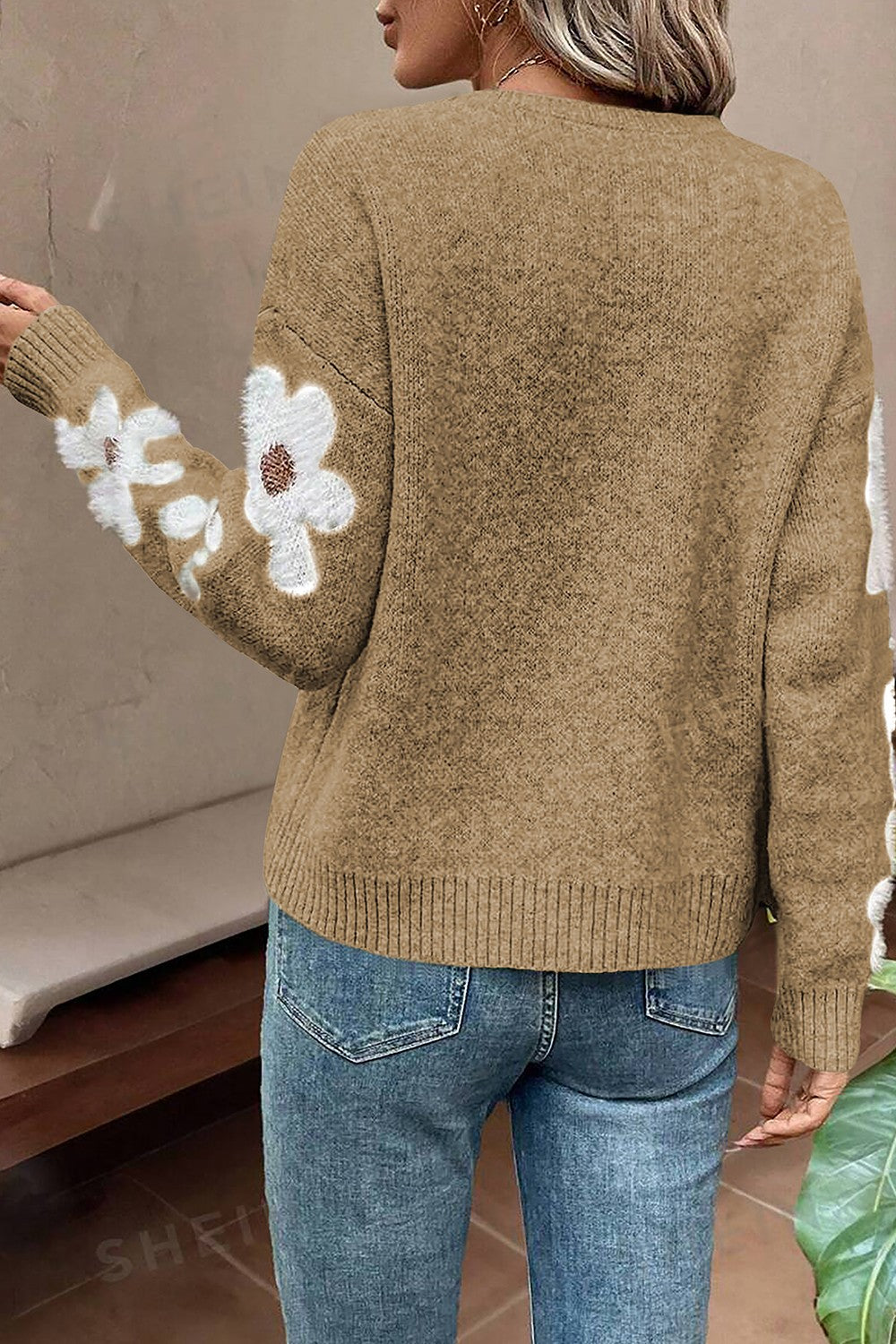 Flower Round Neck Long Sleeve Sweater - The Goddess Galleries