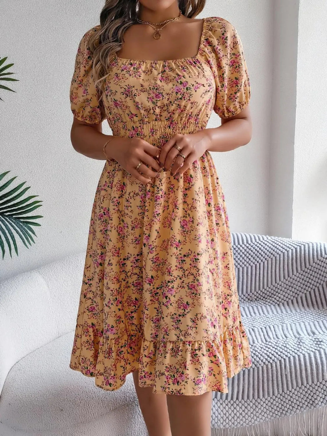 Ruffled Hem Floral Puff Sleeve Dress - The Goddess Galleries