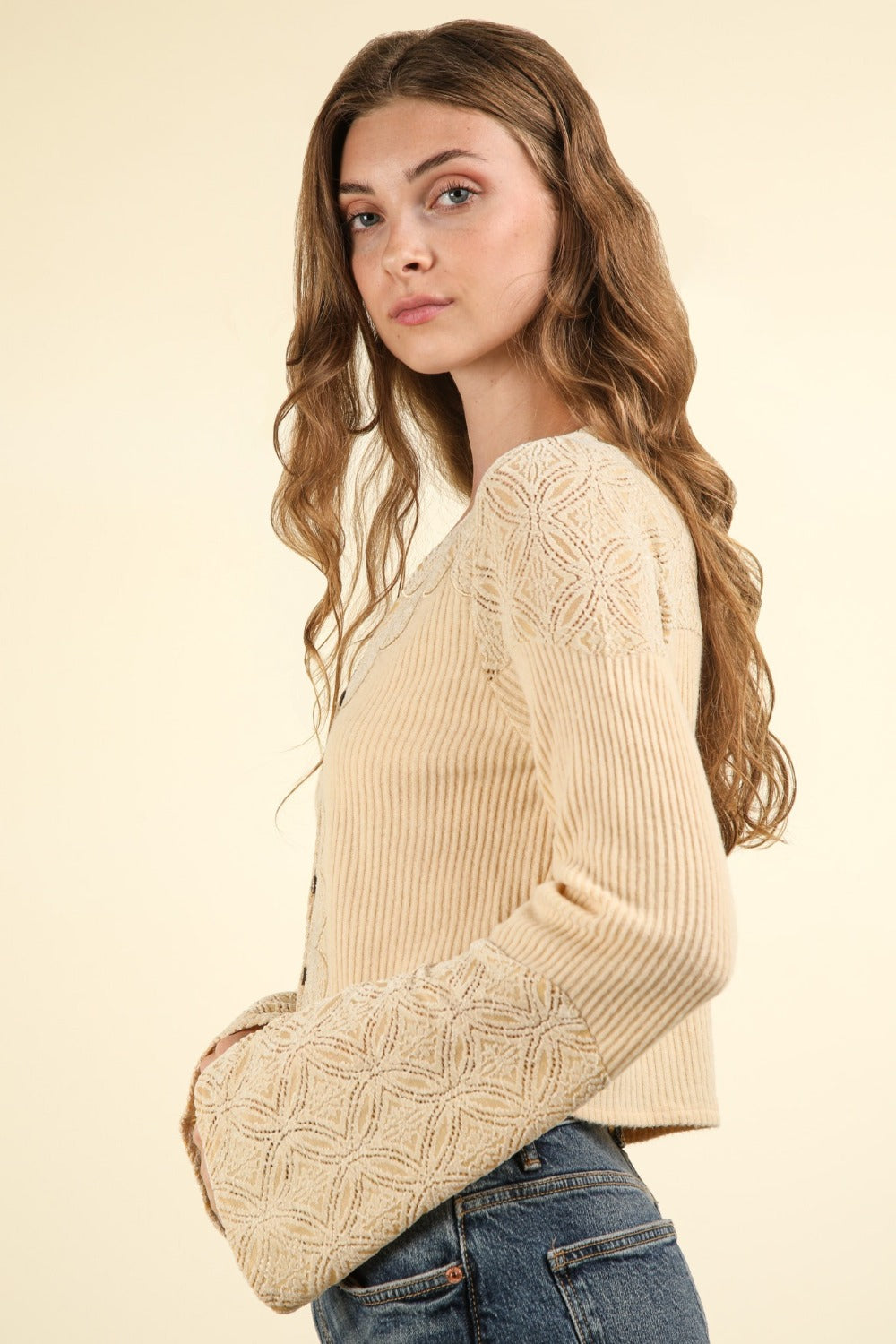 VERY J V-Neck Lace Detail Button Down Crop Ribbed Knit Top - The Goddess Galleries