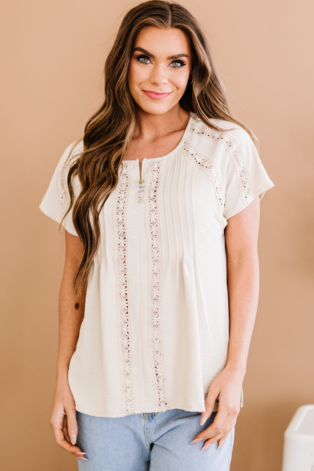 Crochet Eyelet Buttoned Short Sleeves Top - The Goddess Galleries