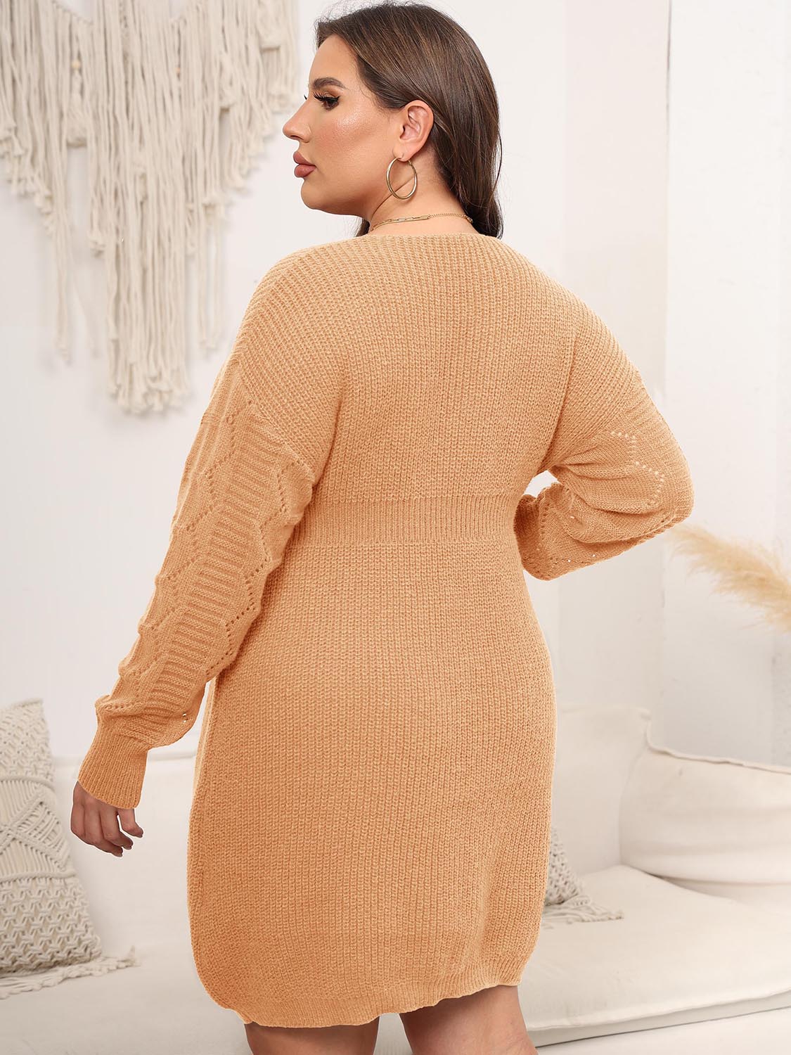 Plus Size Dropped Shoulder Long Sleeve Knit Mini Dress - The Goddess Galleries