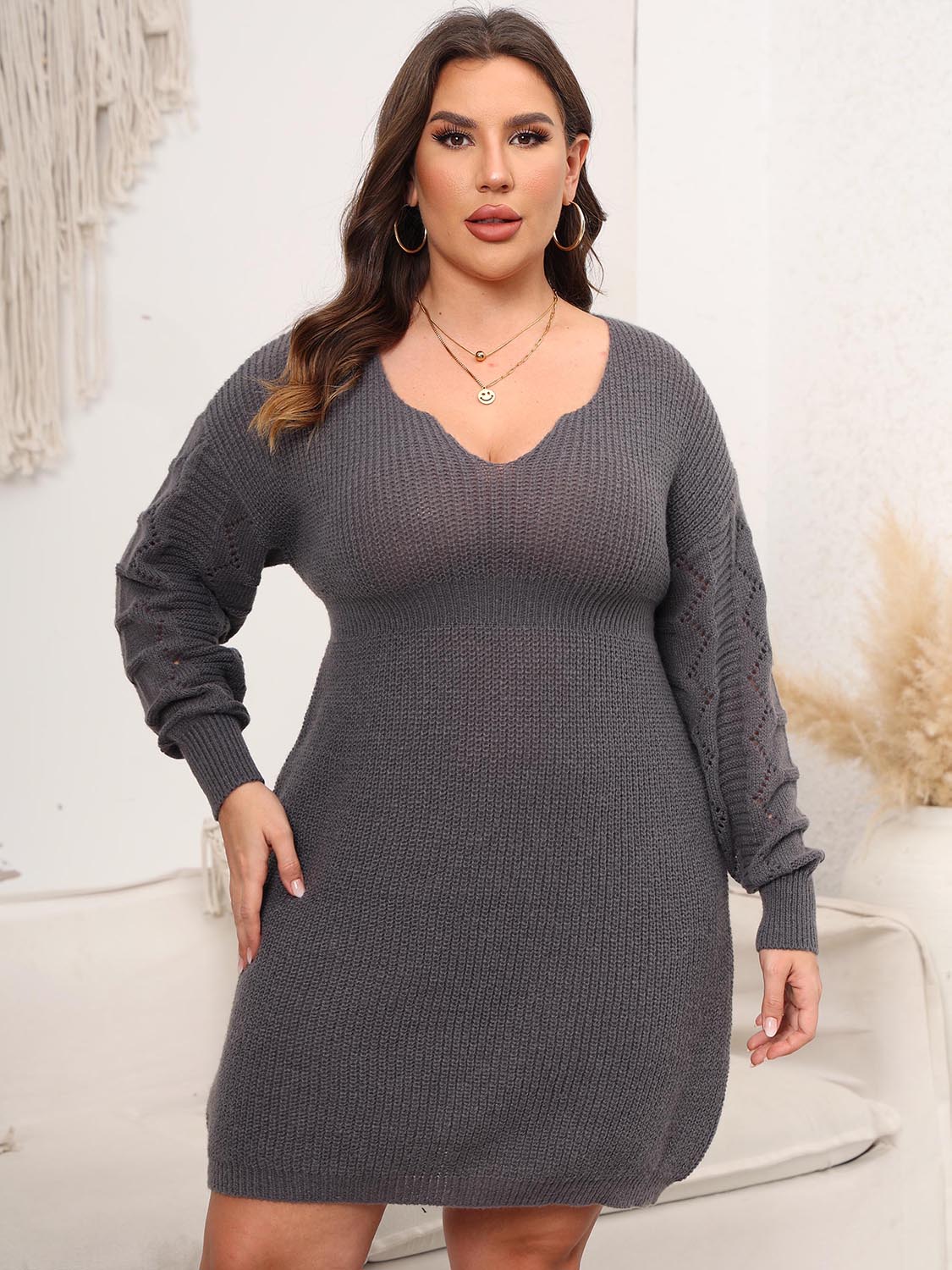 Plus Size Dropped Shoulder Long Sleeve Knit Mini Dress - The Goddess Galleries