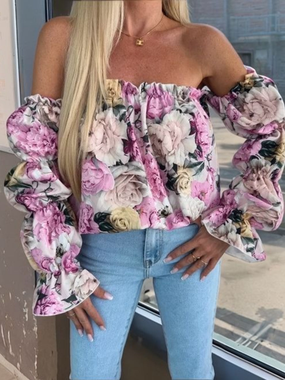 Printed Off-Shoulder Flounce Sleeve Blouse - The Goddess Galleries