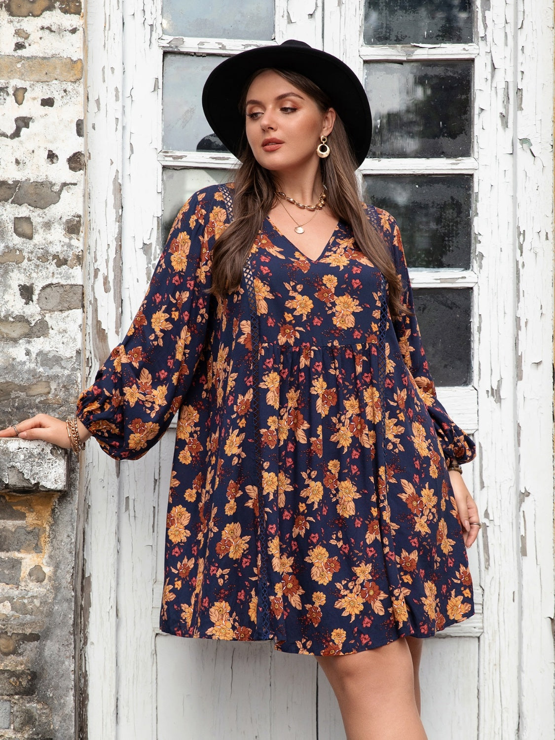 Plus Size Floral V-Neck Balloon Sleeve Dress - The Goddess Galleries