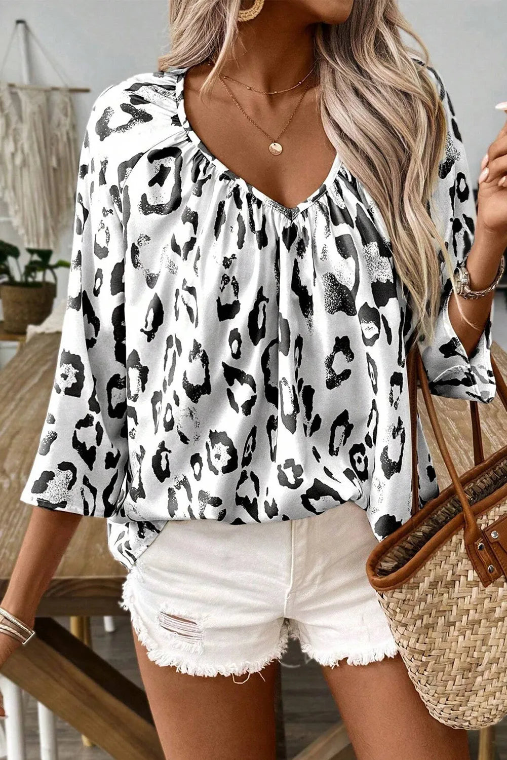 Leopard V-Neck Three-Quarter Sleeve Blouse - The Goddess Galleries