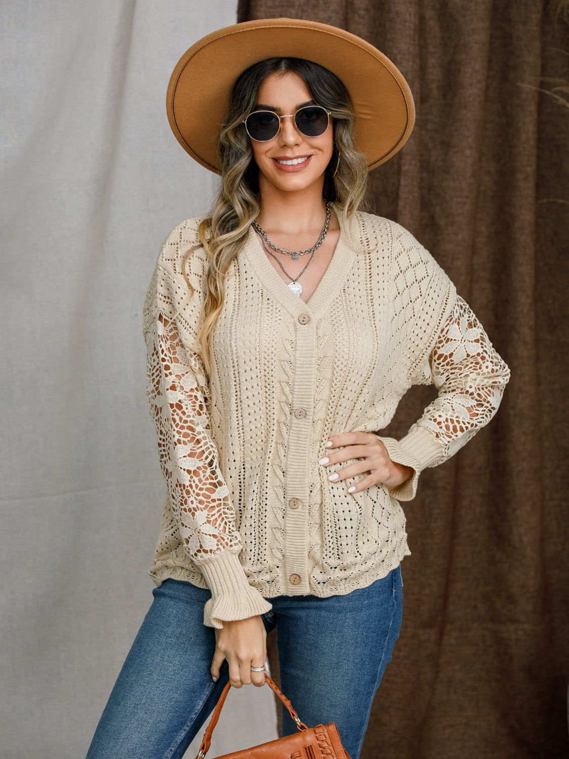 Eyelet Button Up Lantern Sleeve Cardigan - The Goddess Galleries