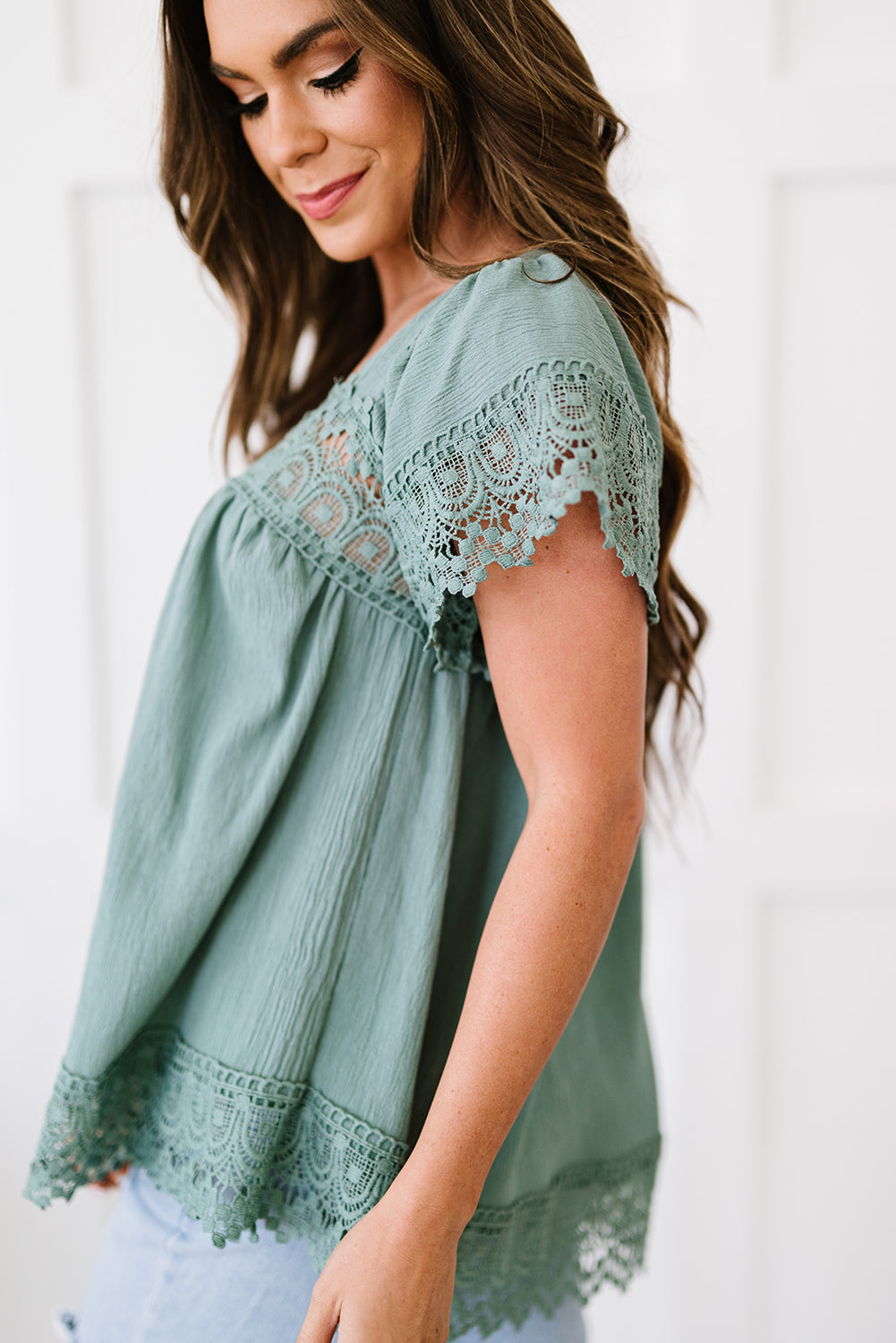 Lace Detail Square Neck Short Sleeve Blouse - The Goddess Galleries