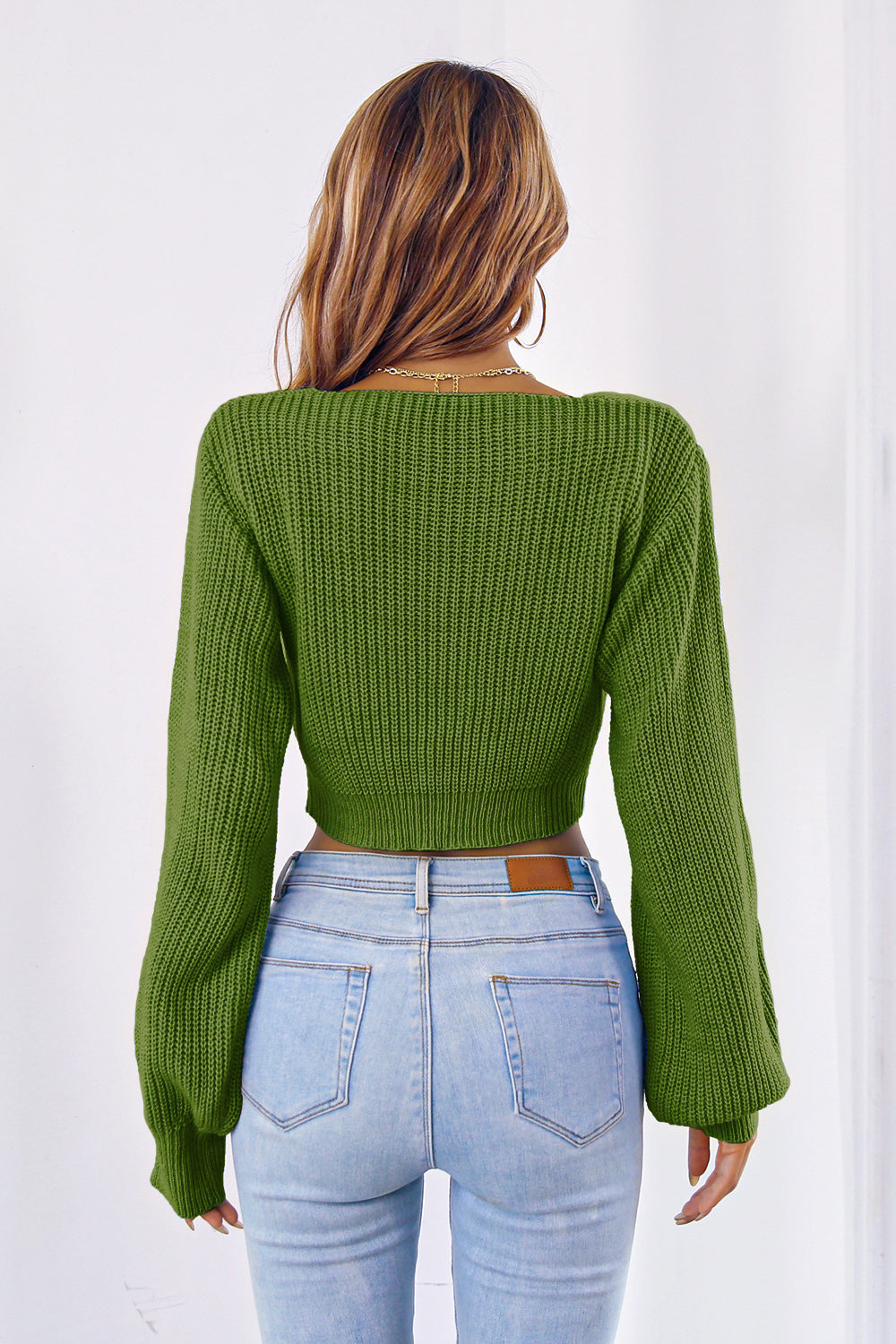Bow V-Neck Long Sleeve Cropped Sweater - The Goddess Galleries