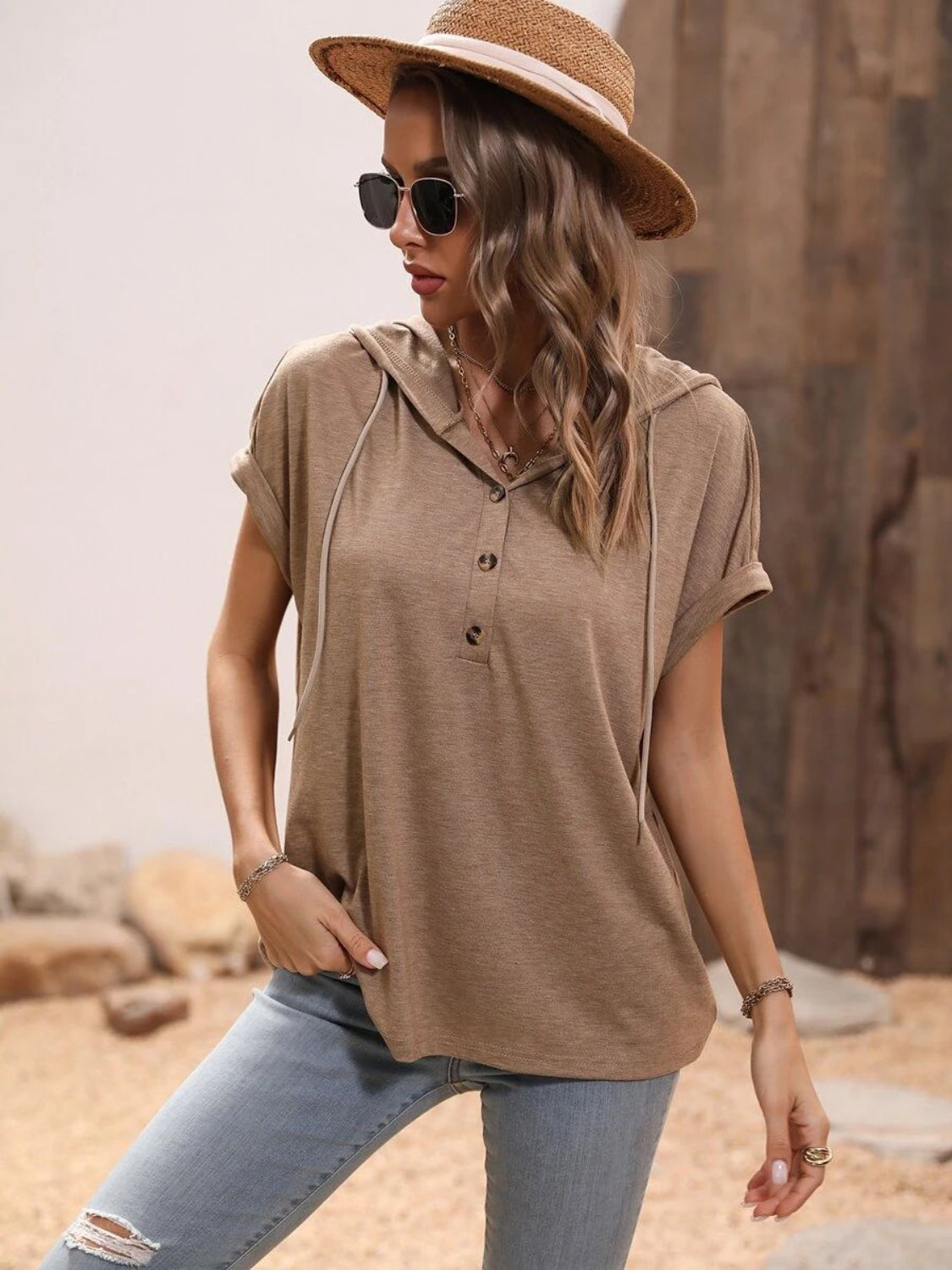 Half Button Hooded Short Sleeve Blouse - The Goddess Galleries