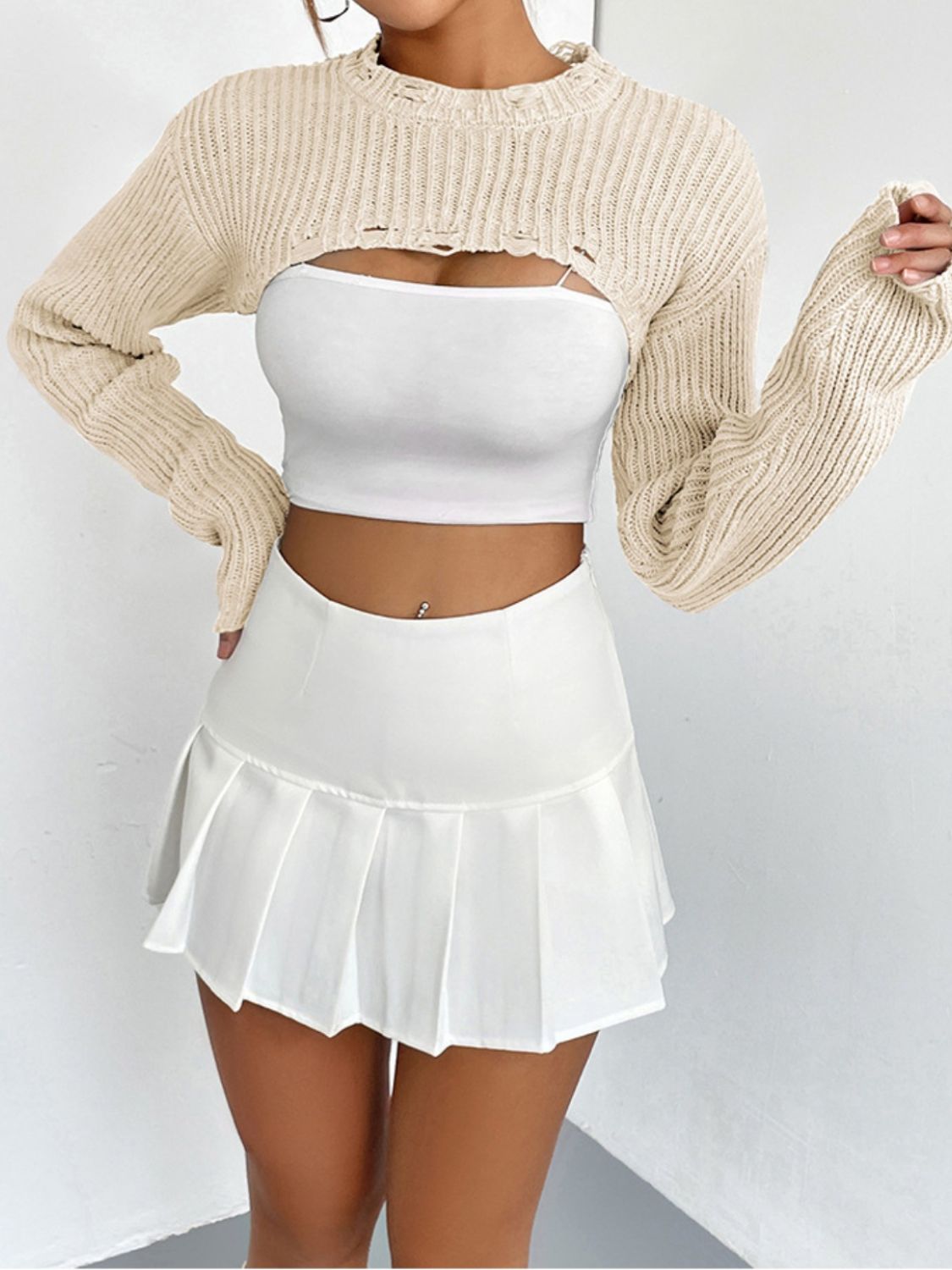 Distressed Long Sleeve Cropped Sweater - The Goddess Galleries