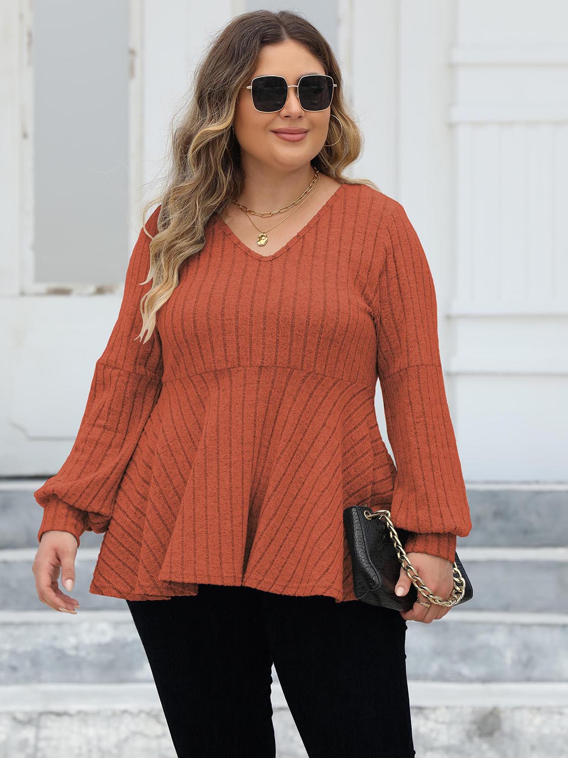 Plus Size Ribbed V-Neck Long Sleeve Blouse - The Goddess Galleries