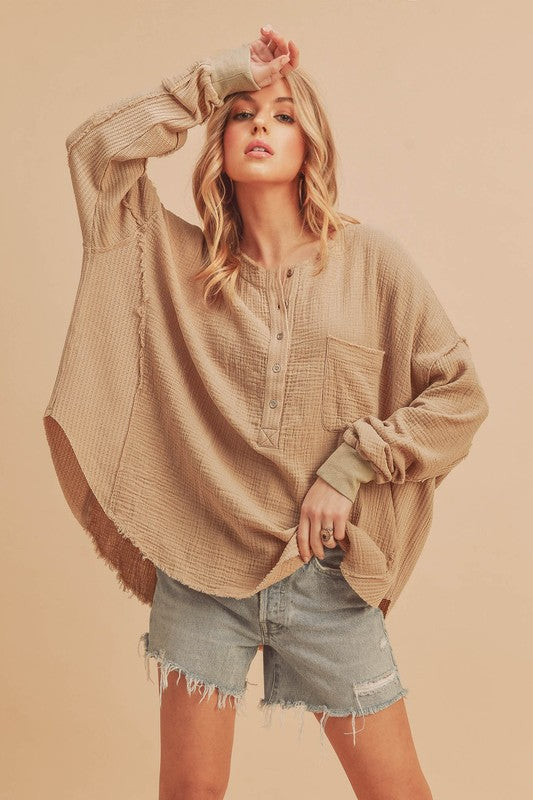 Aemi + Co Exposed Seam Raw Hem Half Button Top - The Goddess Galleries