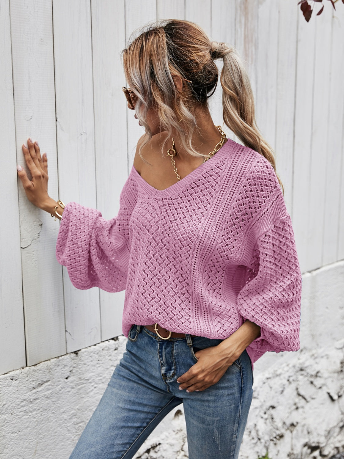 Angel Wings V-Neck Dropped Shoulder Sweater - The Goddess Galleries