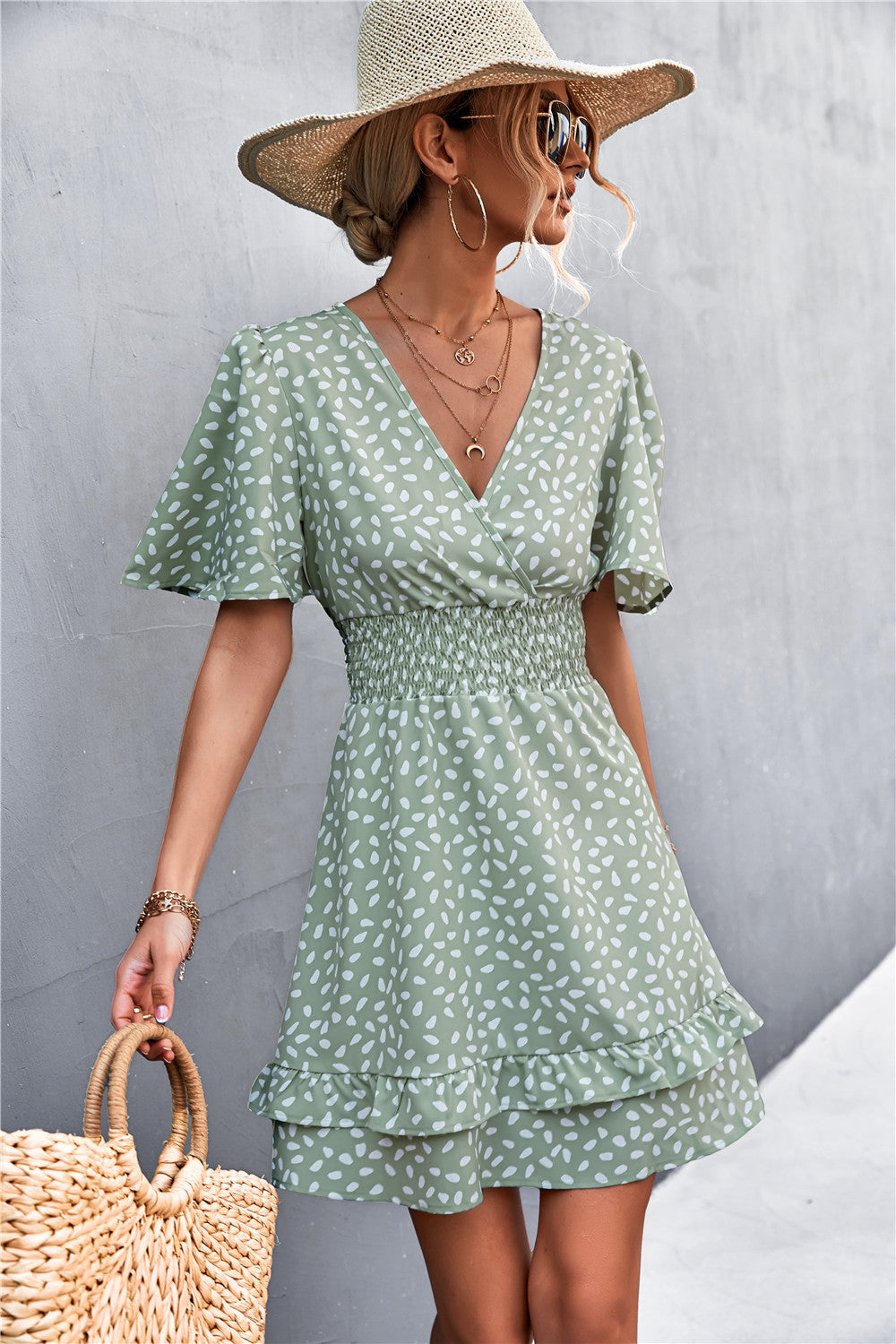 Printed Smocked Waist Layered Surplice Dress - The Goddess Galleries