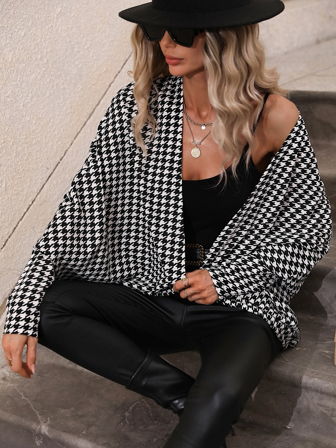 Houndstooth Open Front Batwing Sleeve Cardigan - The Goddess Galleries